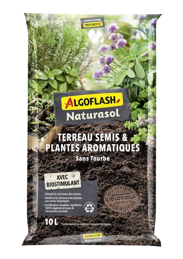 algoflash-naturasol-terreau-semis-et-plantes-aromatiques-sans-tourbe-bio-10-l image 1